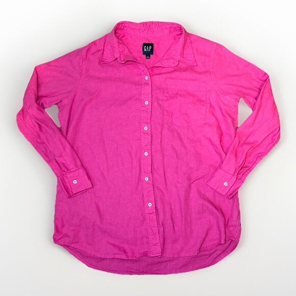 GAP‎ Hot Pink Linen Blend Long Sleeve Button Up Blouse Shirt Top Women's LARGE - Picture 1 of 13